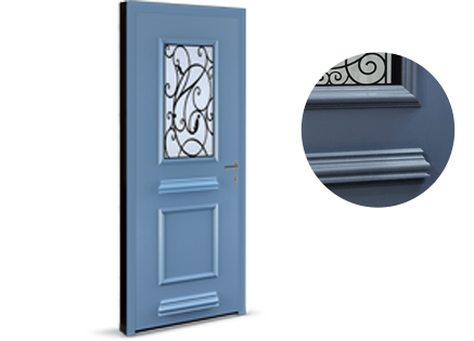Visuel montrant une porte modèle Alessia au design traditionnel avec un zoom sur la couleur, les moulures et le vitrage grille type fer forgé