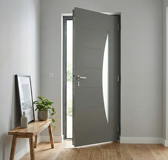 Photo d'ambiance d'une entrée de maison vue intérieure montrant une porte contemporaine Prestige gamme ciselée modèle Flavie gris clair AMCC