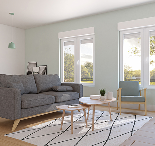 petit salon décoré dans l'esprit scandinave avec deux fenêtres blanches équipées d'un coffre de volet roulant blanc