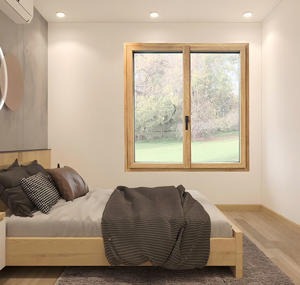 fenêtre multi matériaux Alya Nature dans une chambre dans les tons chaleureux