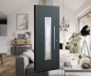 Photo d'ambiance d'un salon contemporain lumineux arrière plan flouté et au premier plan une porte d'entrée contemporaine aluminium gris anthracite