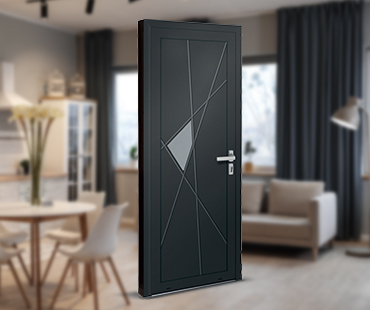 Photo d'ambiance d'un salon moderne en teintes beige et grise, arrière plan flouté avec en avant une porte d'entrée PVC grise