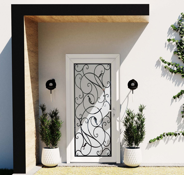 Photo d'ambiance d'une porte d'entrée aluminium grand vitrage blanche vue de l'extérieur d'une façade de maison contemporaine