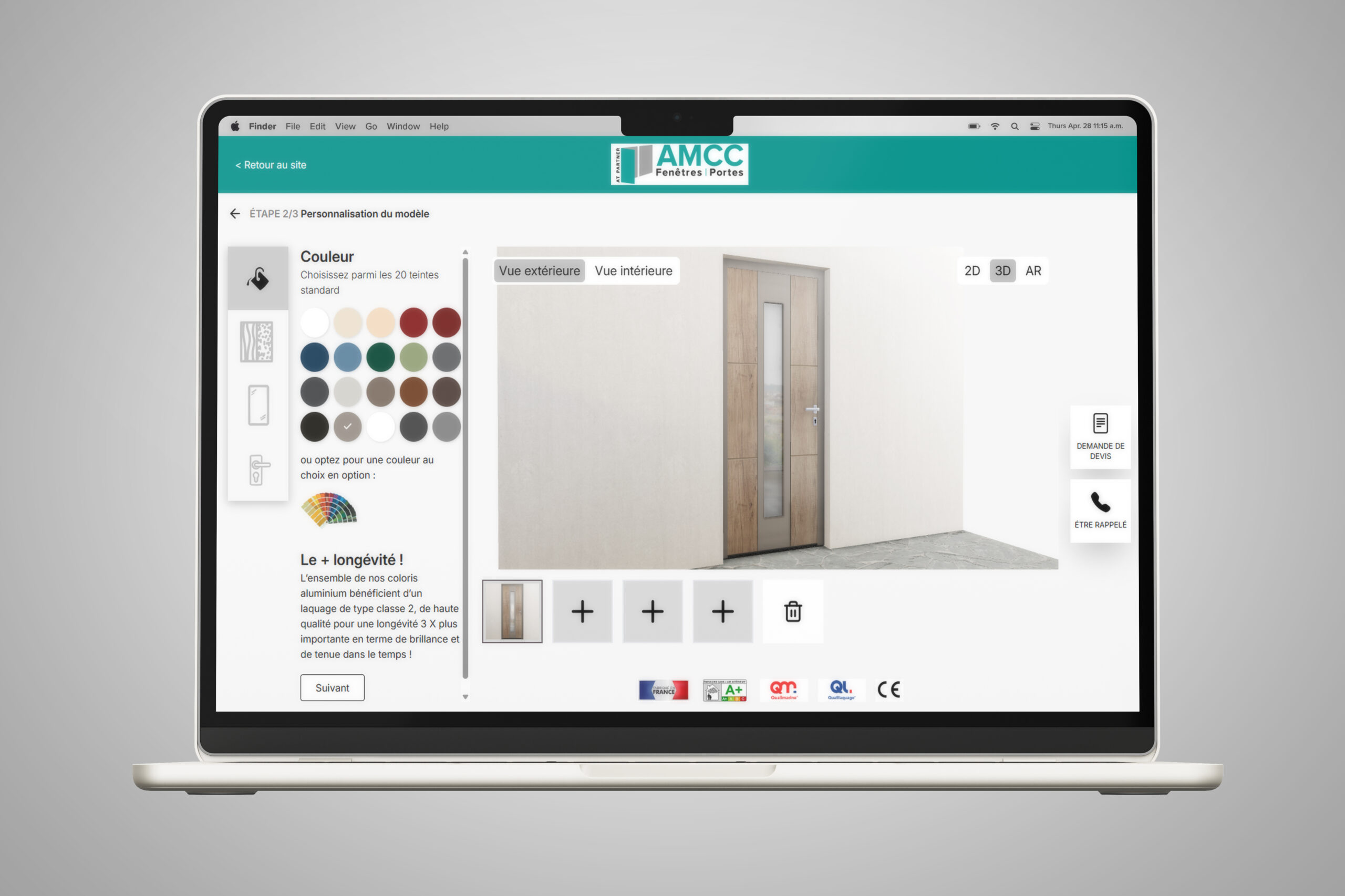 Vue d'un ordinateur présentant le configurateur de portes d'entrée AMCC à l'étape 2 de personnalisation de sa porte en 3d