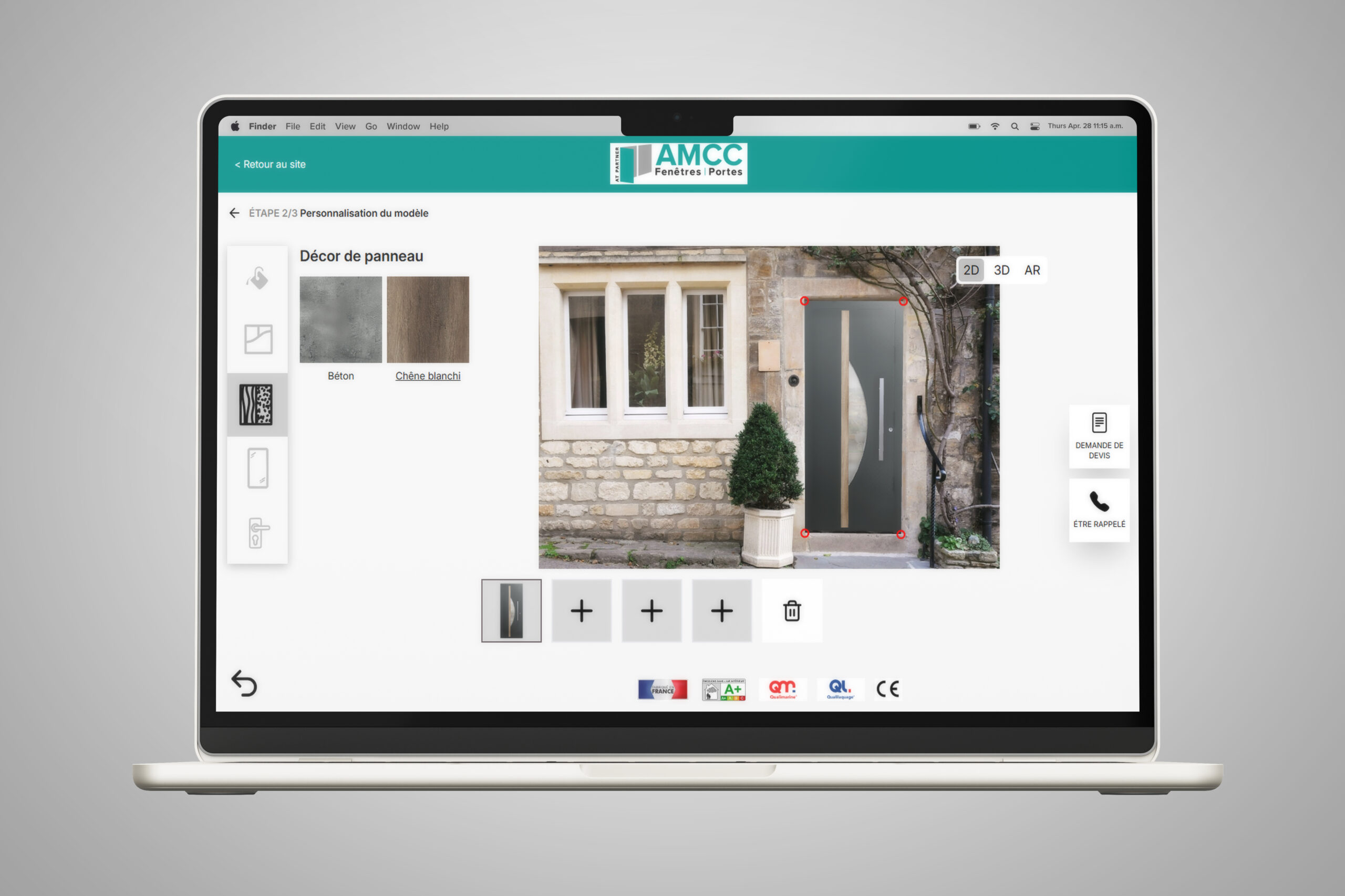Vue d'un ordinateur présentant le configurateur de portes d'entrée AMCC à l'étape 3 de visualisation sur sa façade de maison