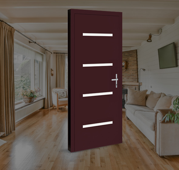 Photo d'ambiance d'un salon cosy en teintes beige et grise, arrière plan flouté avec en avant une porte d'entrée aluminium contemporaine pleine sans vitrage AMCC