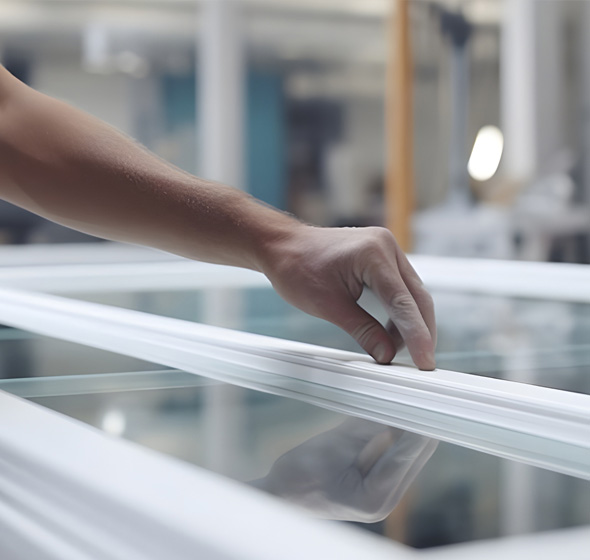 Photo de la main d'un opérateur sur ligne caressant le profil pvc d'une fenêtre en cours de fabrication dans l'usine